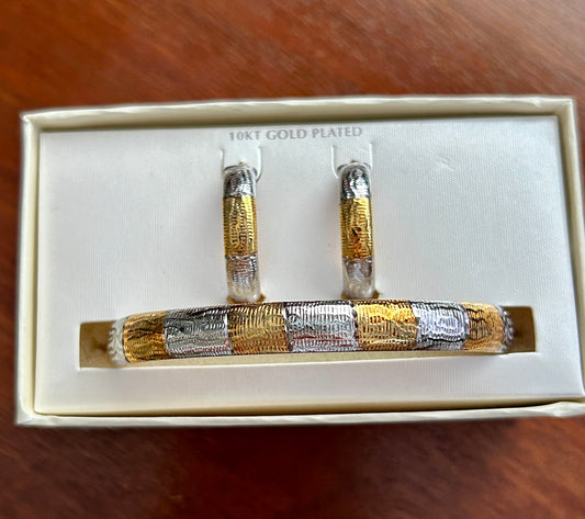 10k White Yellow Gold Plate Bangle Bracelet Hoop Earring Set