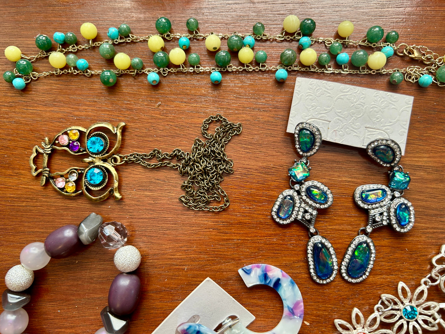 Vintage to Now Colorful Jewelry Lot Silver Blue Green Purple Beads Flowers Retro