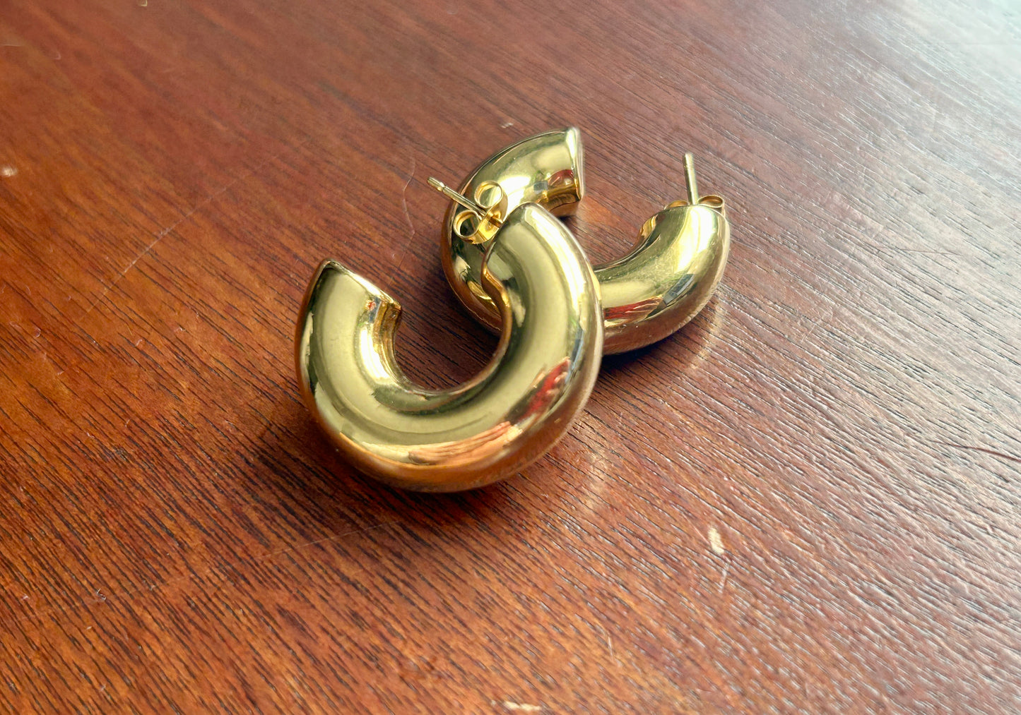 Vintage Gold Tone Chunky Puffy Pierced Hoop Earrings