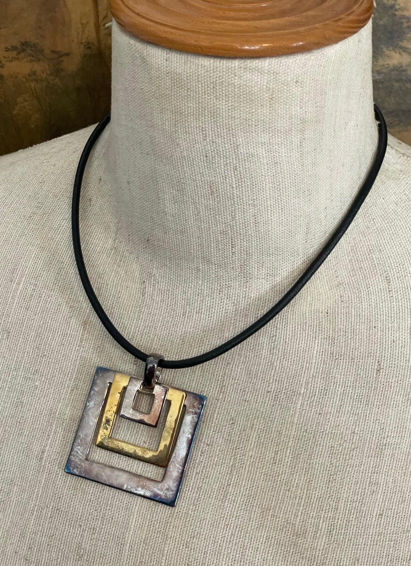 RLM Studio Robert Lee Morris Sterling Silver Brass Leather Cord Pendant Necklace