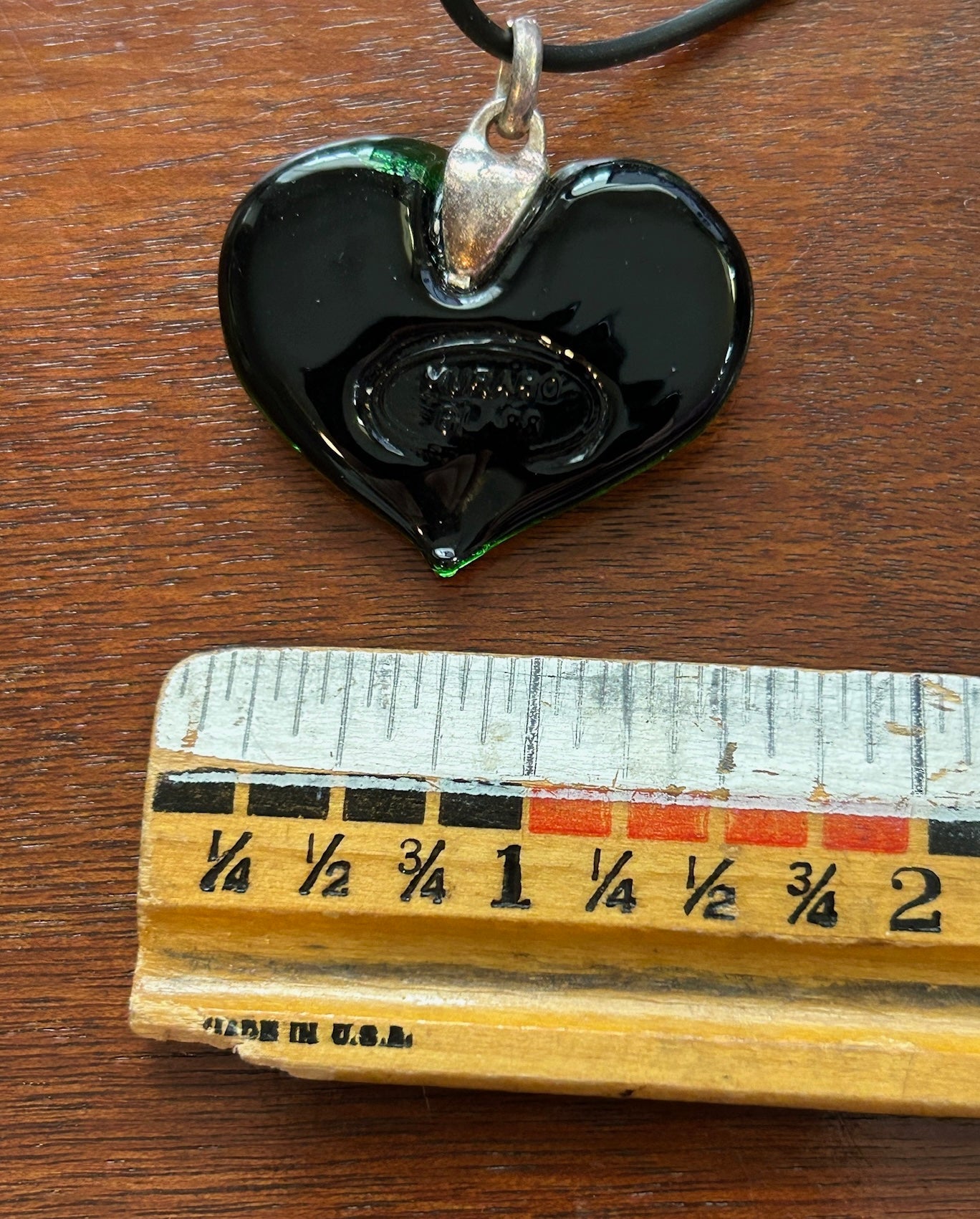 Murano Iridescent Green Black Glass Heart Pendant Necklace Cord