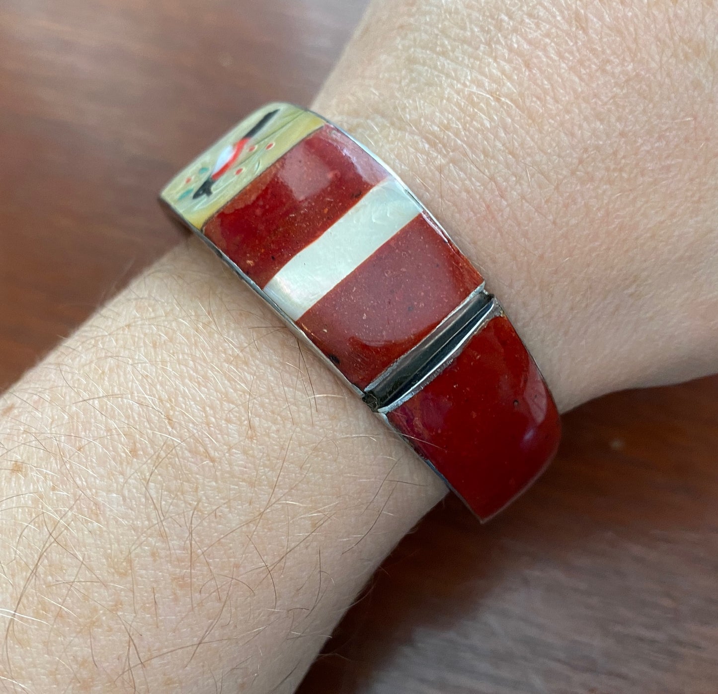 Sterling Silver 925 Red Enamel Mother of Pearl Cardinal Cuff Bracelet