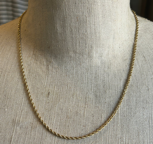 14k Yellow Gold Twist Rope Chain Necklace 20" Long x 2mm Wide Signed OR
