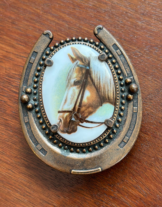 Vintage Copper Tone Ceramic Horse Head/Shoe Belt Buckle