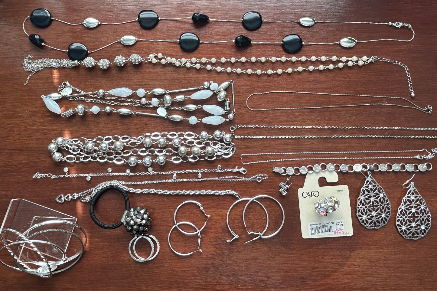 Vintage to Now Silver Tone Jewelry Lot Necklaces Earrings Hoops Rhinestone Ring