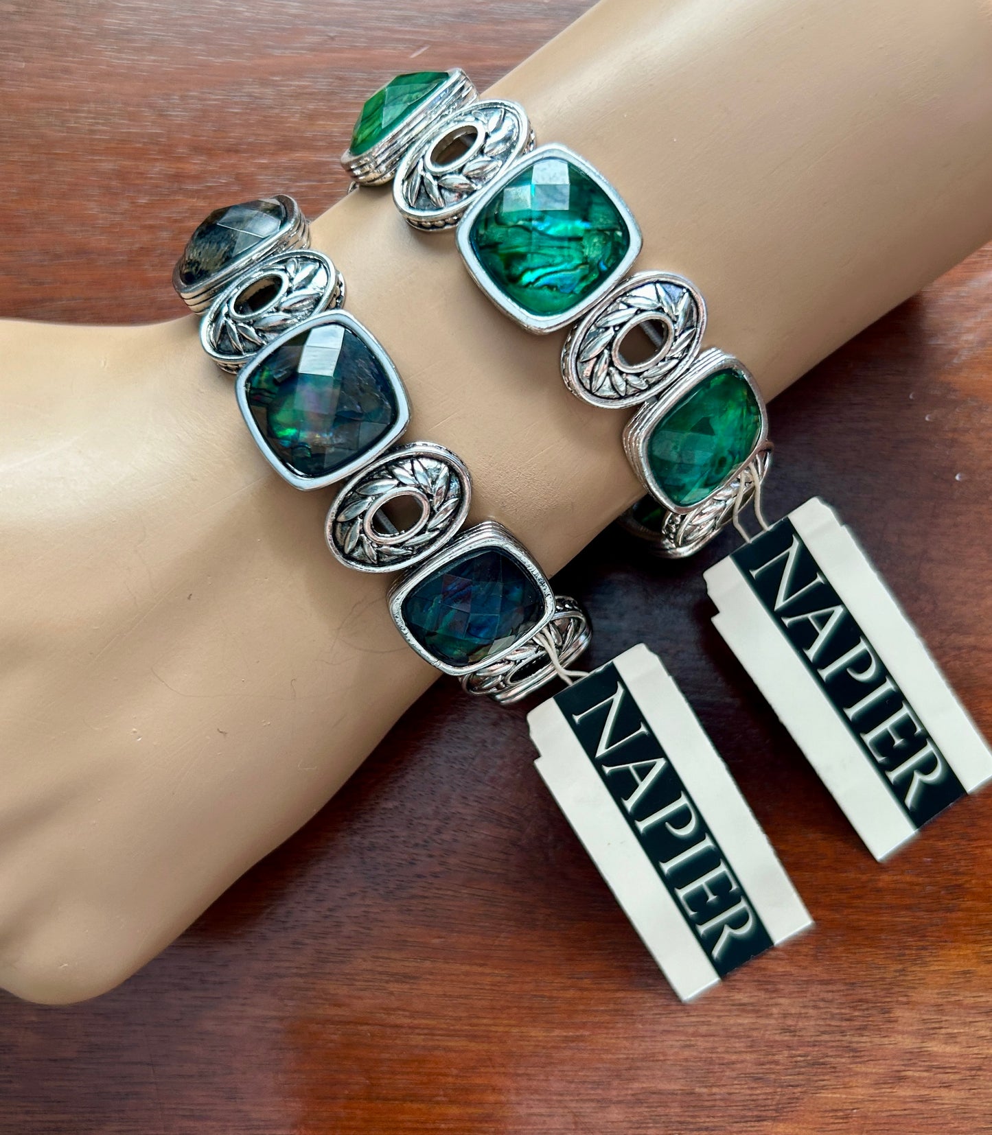 Set 2 Napier Silver Tone Stretch Bracelets Faceted Blue Green Faux Labradorite