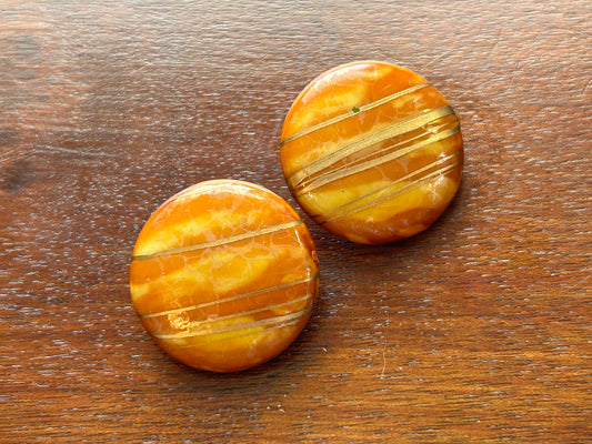 Vintage Lacquer Orange Round Clip ON Earrings