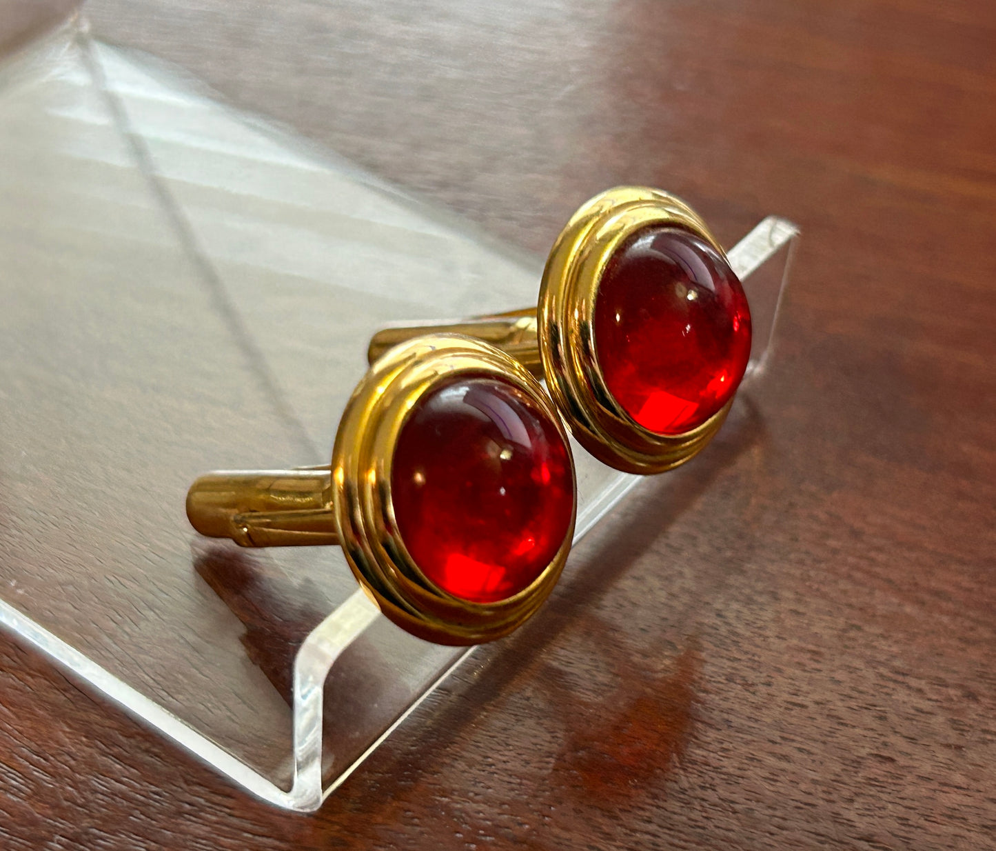 Vintage MCM Midcentury Gold Tone Red Glass Cabochon Cuff Links