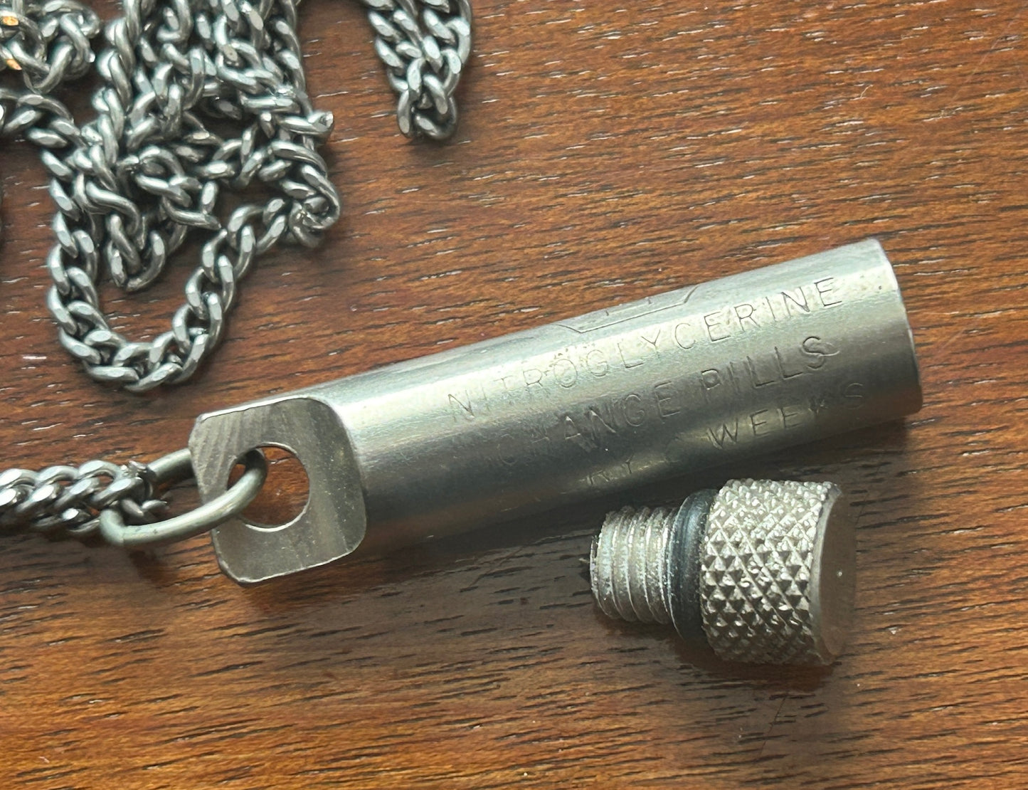 Vintage Medical Metal Pill Fob For Nitroglycerin Necklace Chain