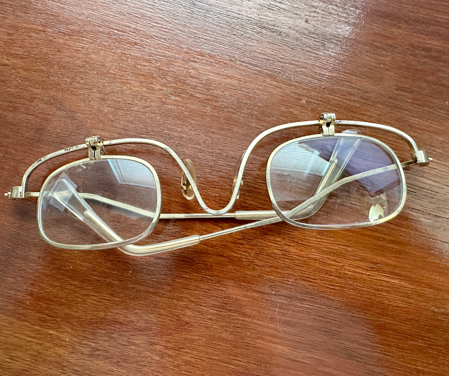 Vintage Taiwan Gold Tone Frame Steam Punk Magnifying Fold Down Lenses Eyeglasses