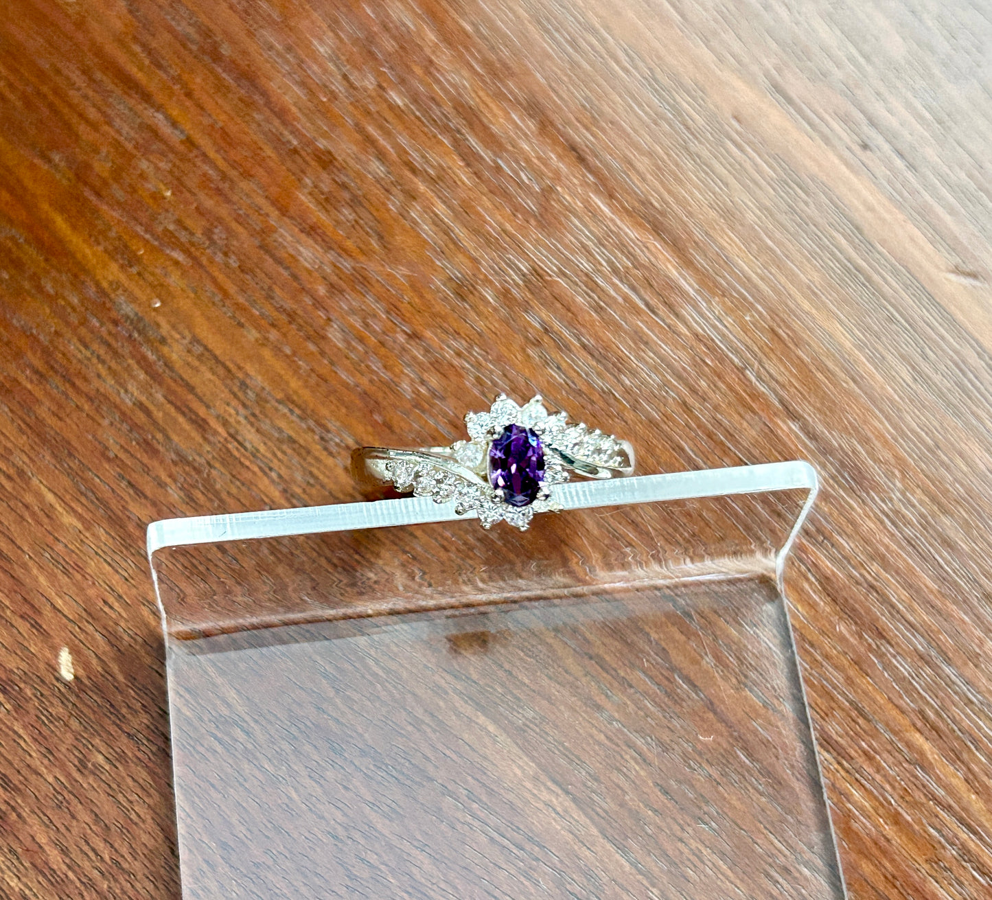 Silver Tone White Purple CZ Faux Amethyst Ring Sz 8.25