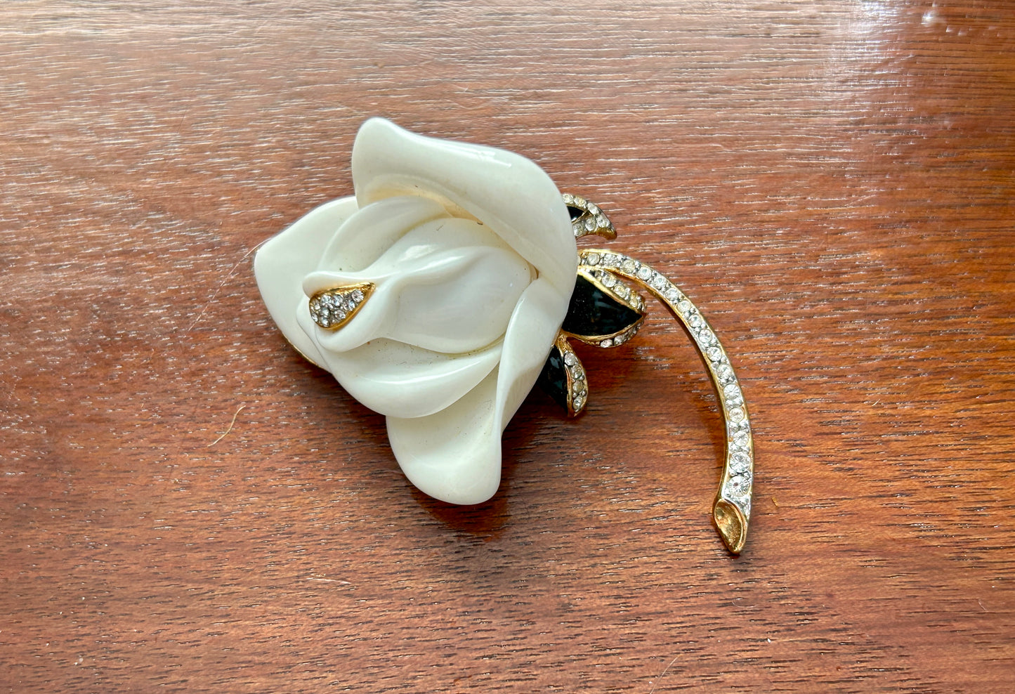 Vintage KJL Kenneth Jay Lane White Rose Rhinestone Enamel Brooch Pin Large