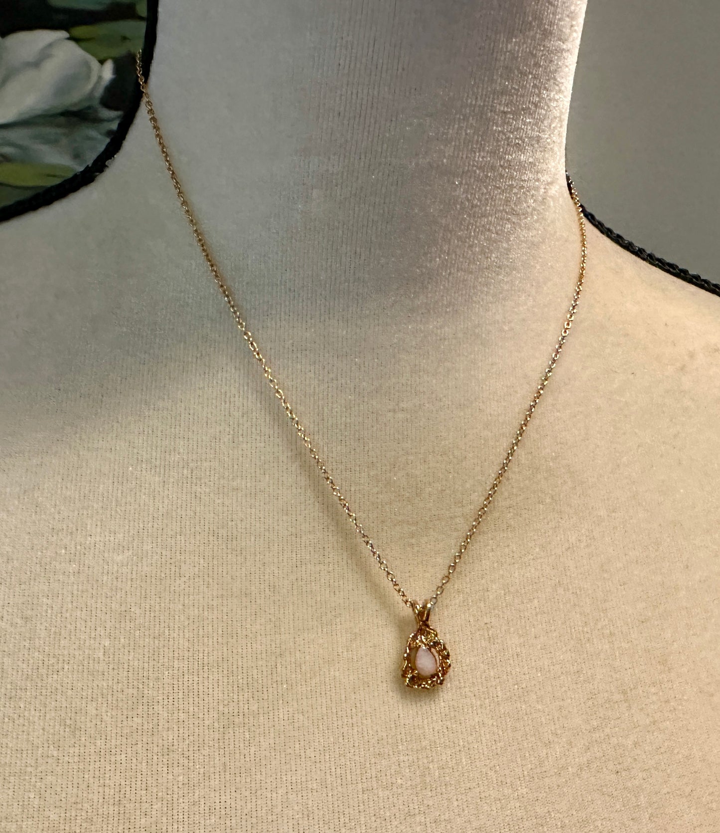 Gold Tone Chain Link Necklace with Nugget Style Faux Opal Pendant