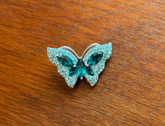 Signed AU Sterling Silver 925 Teal Blue Rhinestone Butterfly Slide Pendant