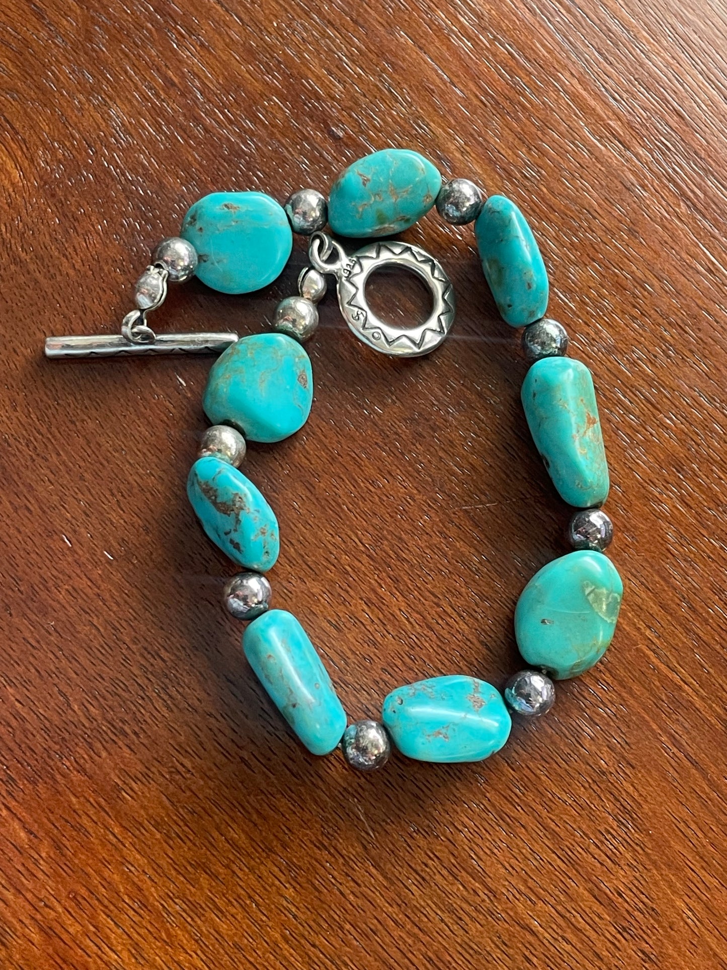 Vintage Turquoise Nugget Beads & Sterling Silver Southwest Bracelet