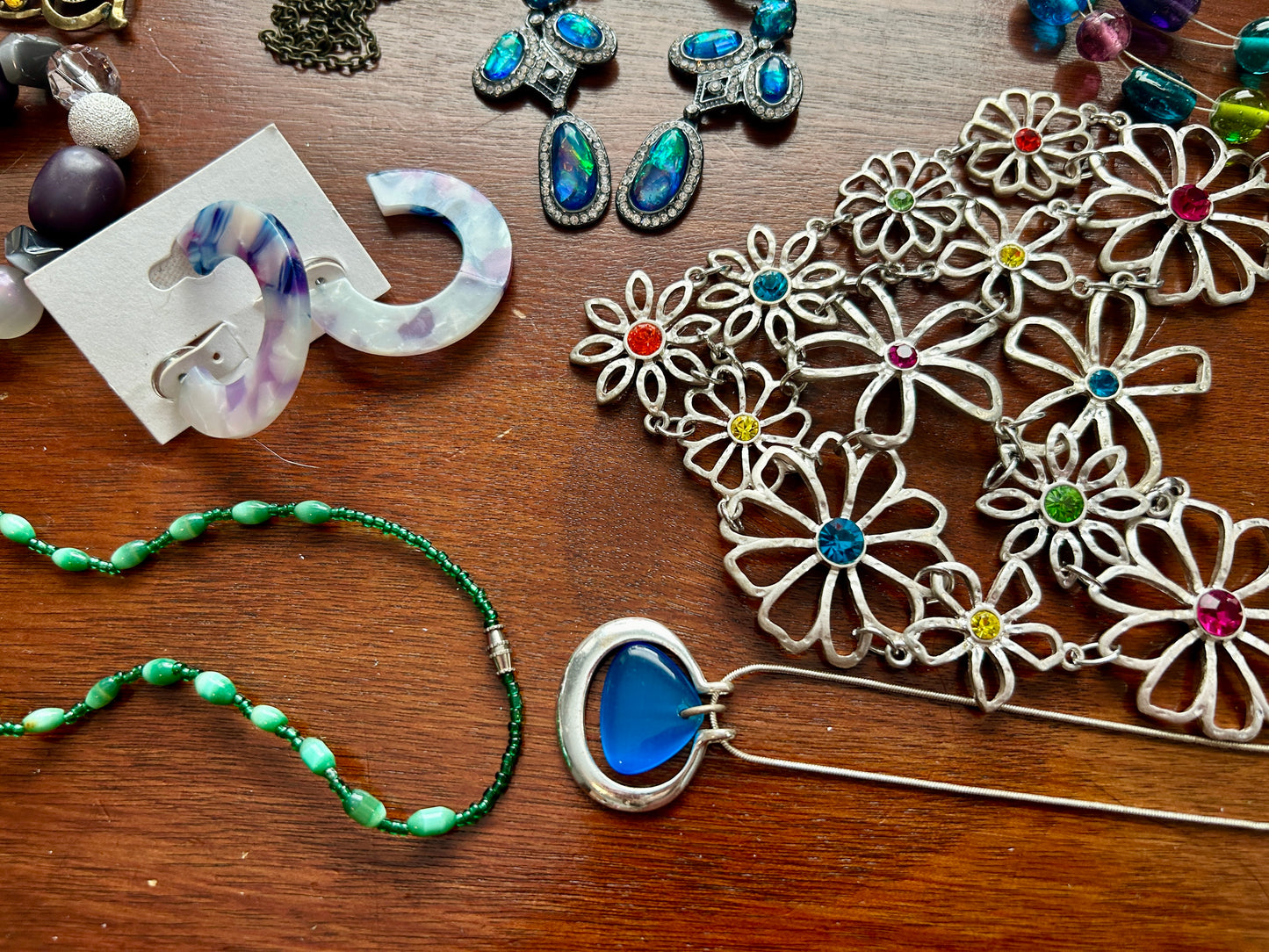 Vintage to Now Colorful Jewelry Lot Silver Blue Green Purple Beads Flowers Retro