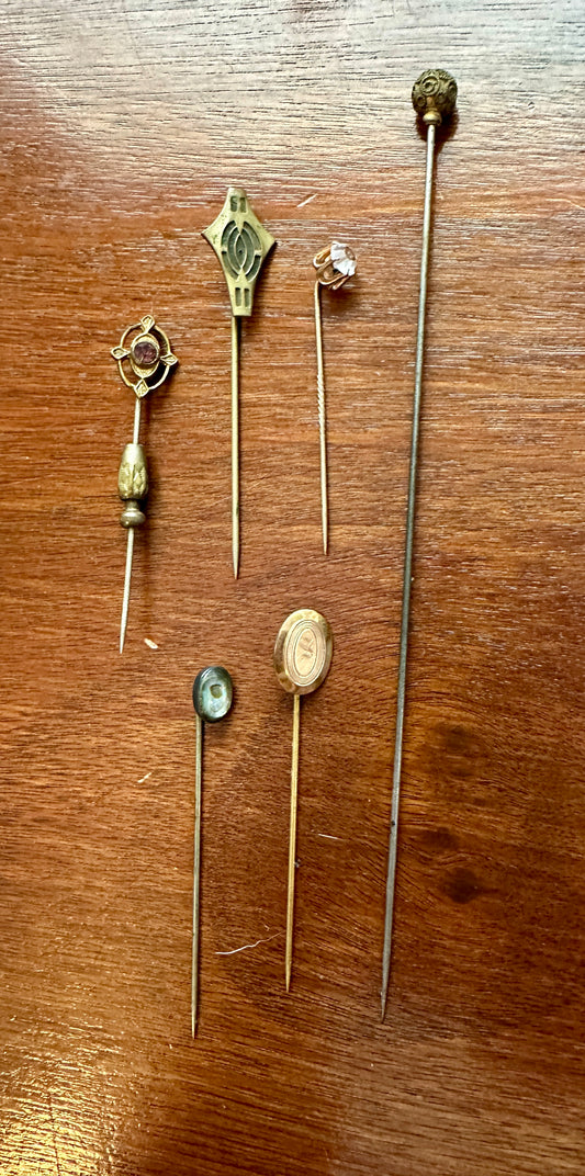 Antique Vintage Hat Stick Pin Lot Abalone Gold Tone Monogram Rhinestone Amethyst