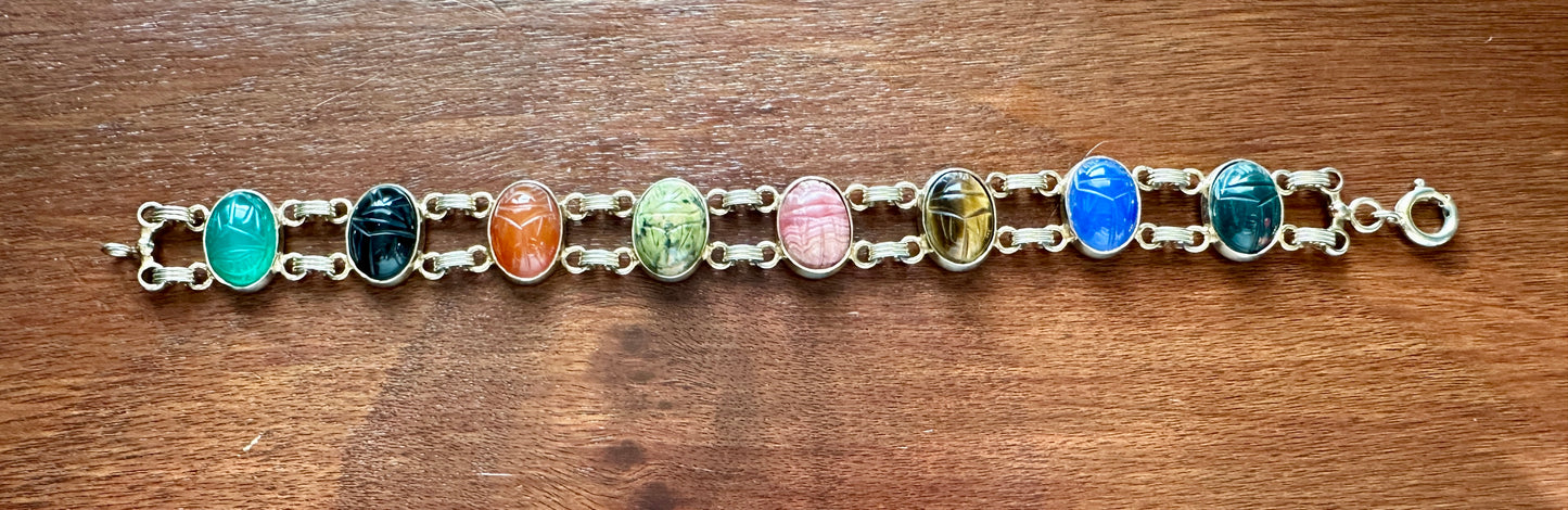 Vintage 1/20 12k Yellow Gold Filled Scarab Gemstone Cabochon Panel Bracelet