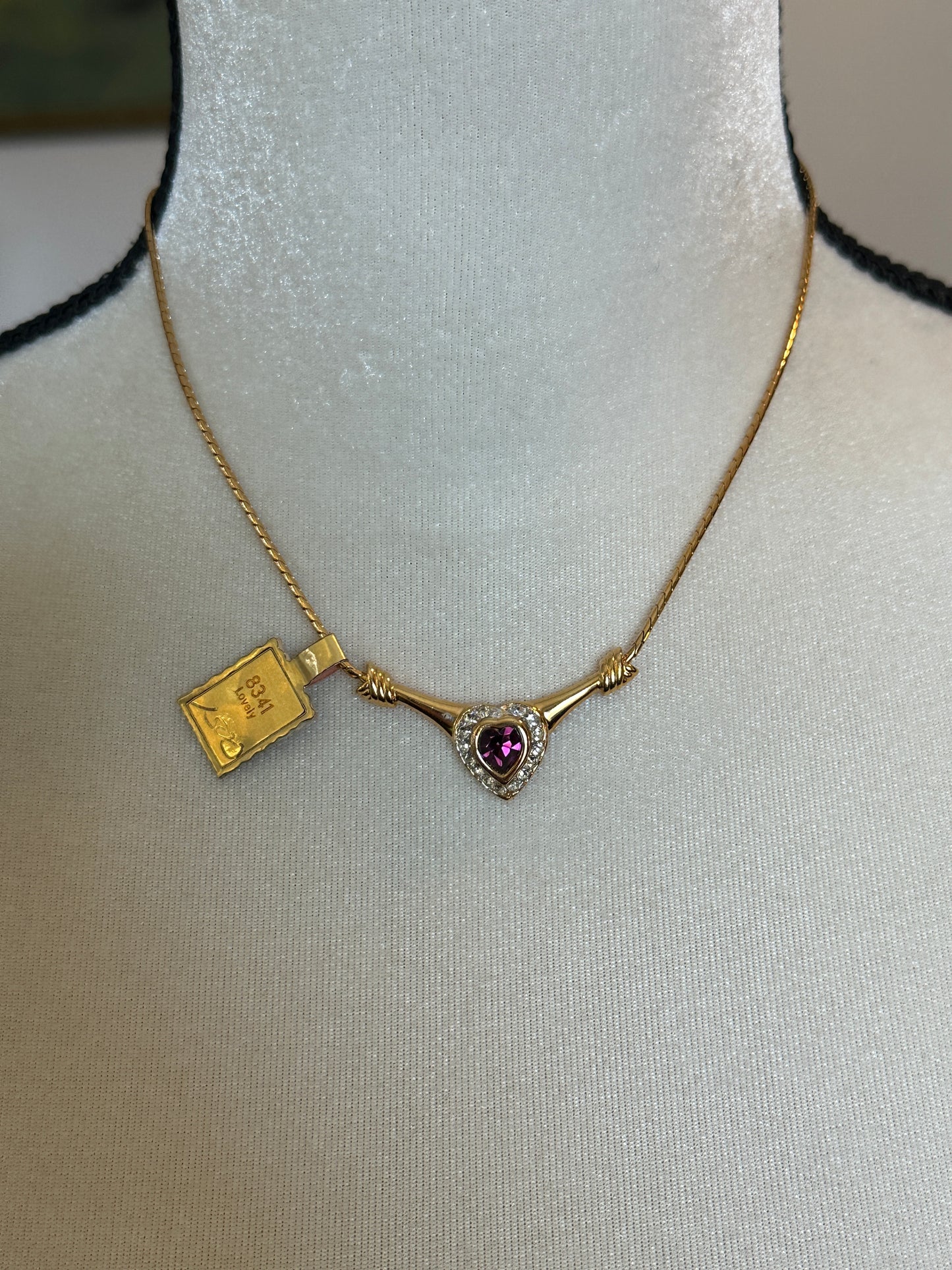 Vintage Signed Monet w Tag Gold Tone Necklace Rhinestone Halo Amethyst Heart