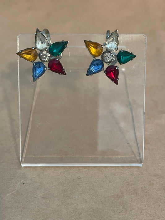 Vintage Silver Tone Rhinestone Multicolor Star Screwback Earrings