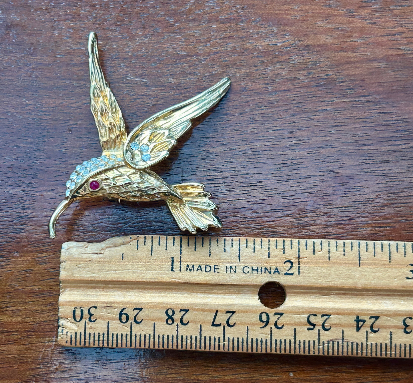 Vintage Gold Tone Rhinestone Red Eye Hummingbird Brooch Pin