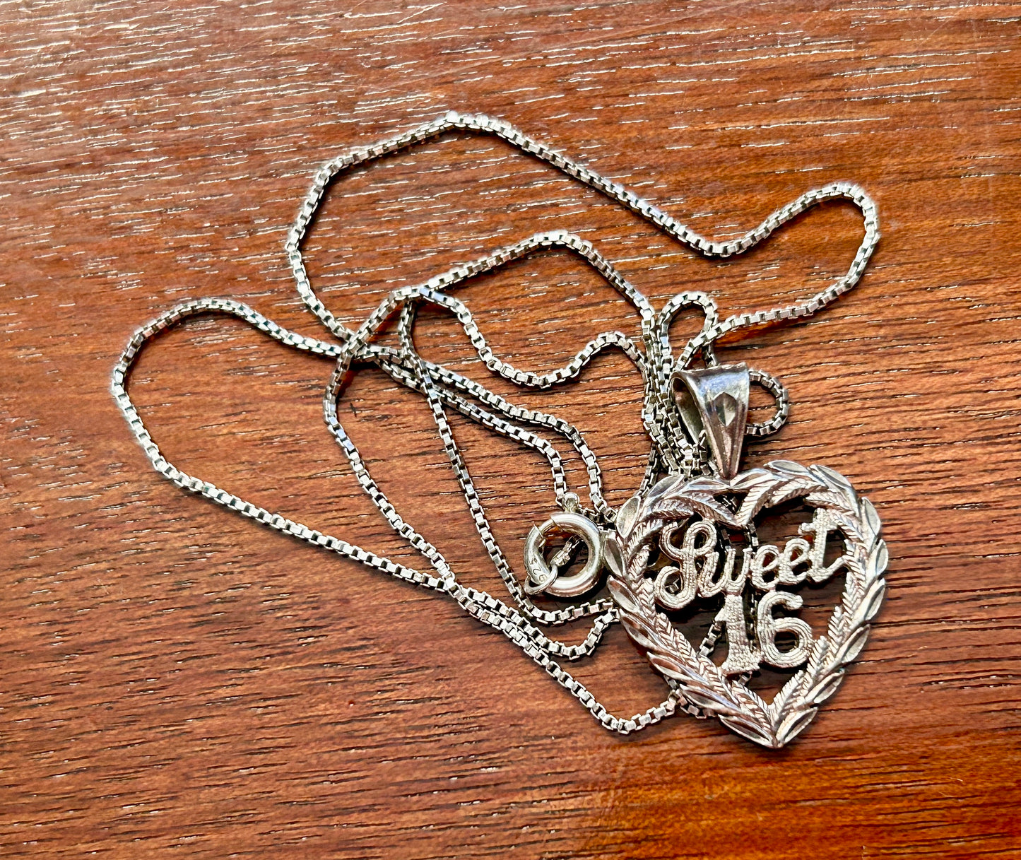 Sterling Silver 925 Heart Shaped Sweet Sixteen Pendant Necklace Box Chain