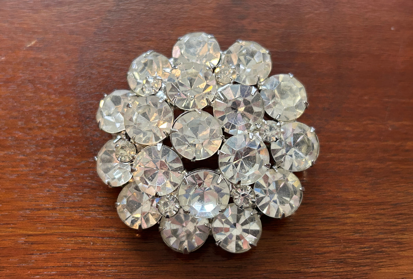 Vintage Silver Tone Round Cluster Rhinestone Large Brooch Pin