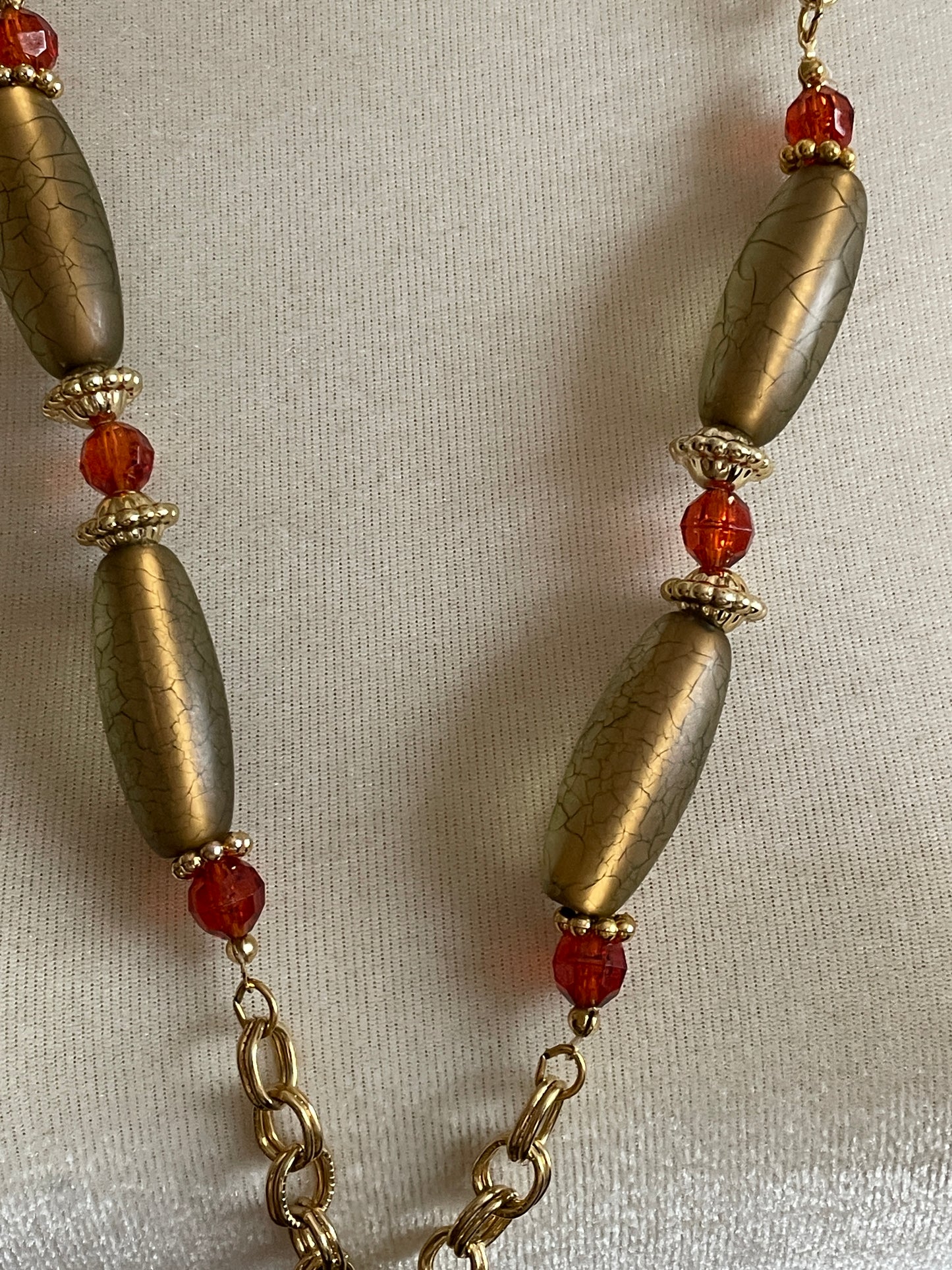 Vintage Gold Tone Necklace Large Pendant Circle Red & Gold Beads