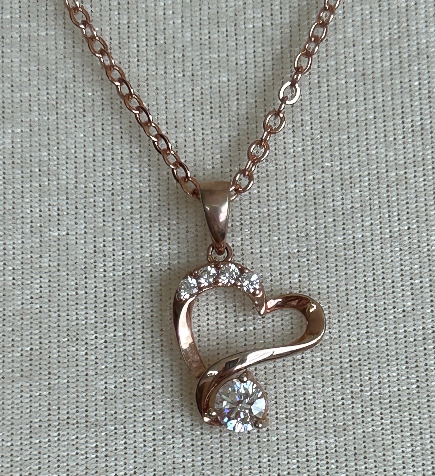 Rose Gold Tone Necklace Marked CN Heart Pendant With Clear Stone Accents