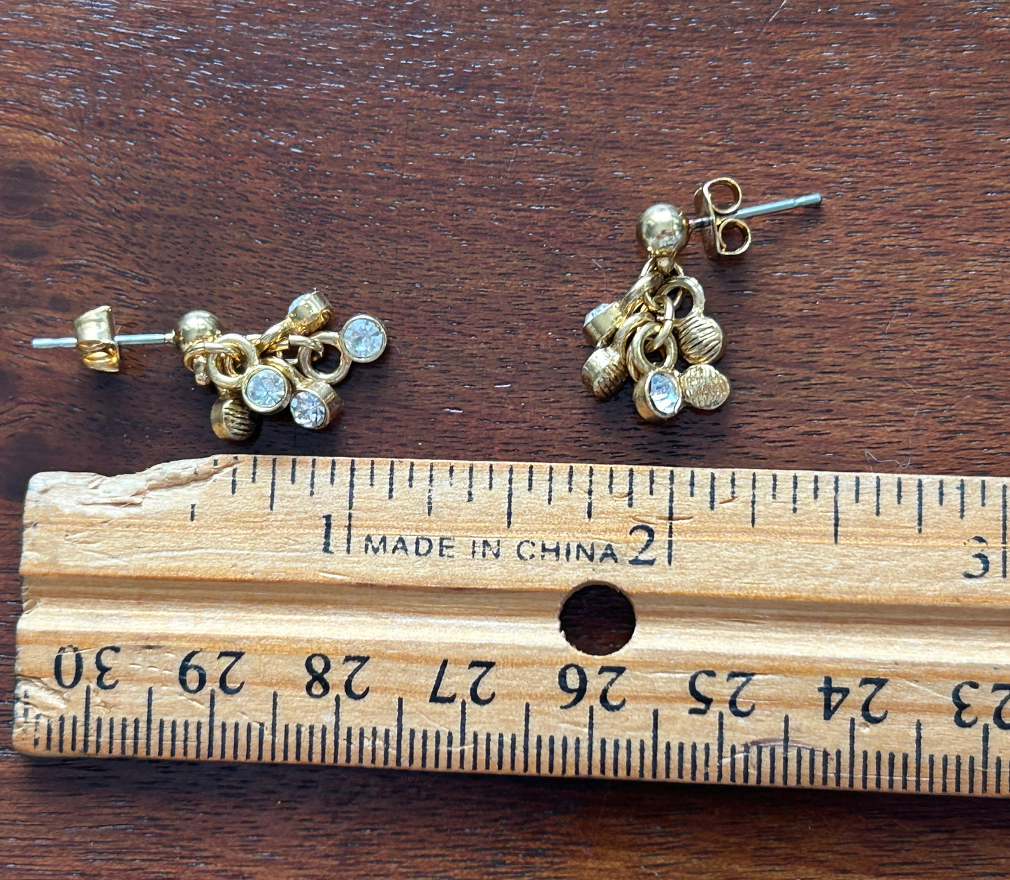 Vintage Gold Tone Rhinestone Dangle Pierced Earrings