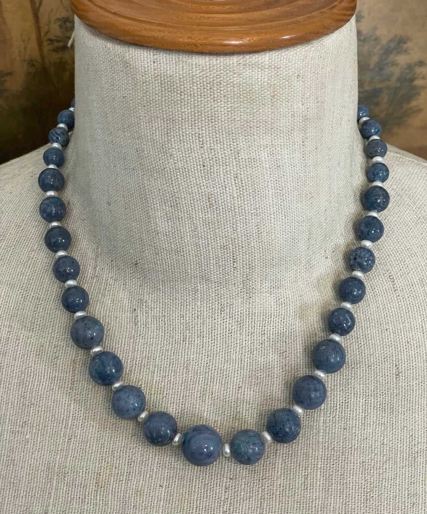 Graduating Faux Denim Turquoise Pearl Bead Sterling Silver 925 Necklace