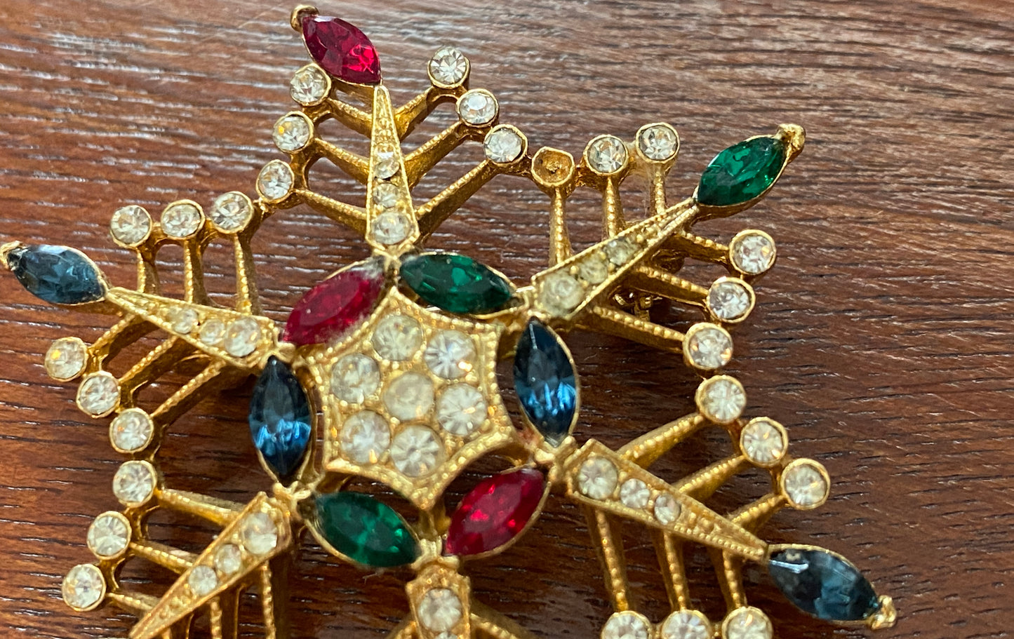 Vintage Multicolor Gold Tone Snowflake Brooch Pin Rhinestones