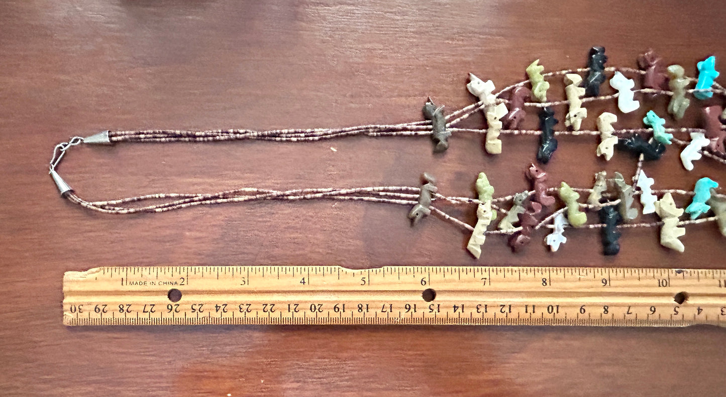 3 Strand Heishi Fetish Necklace Turquoise Carved Animals Bird Jasper Onyx