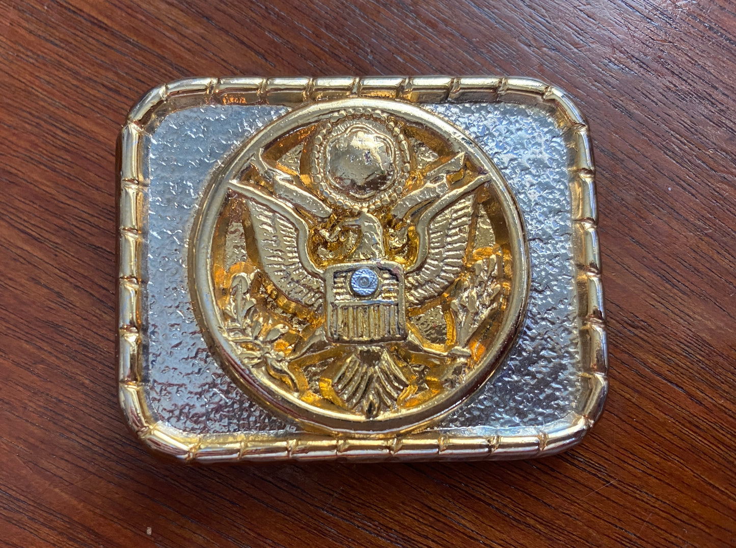 Vintage Silver Gold Tone Eagle Shield Military Belt Buckle