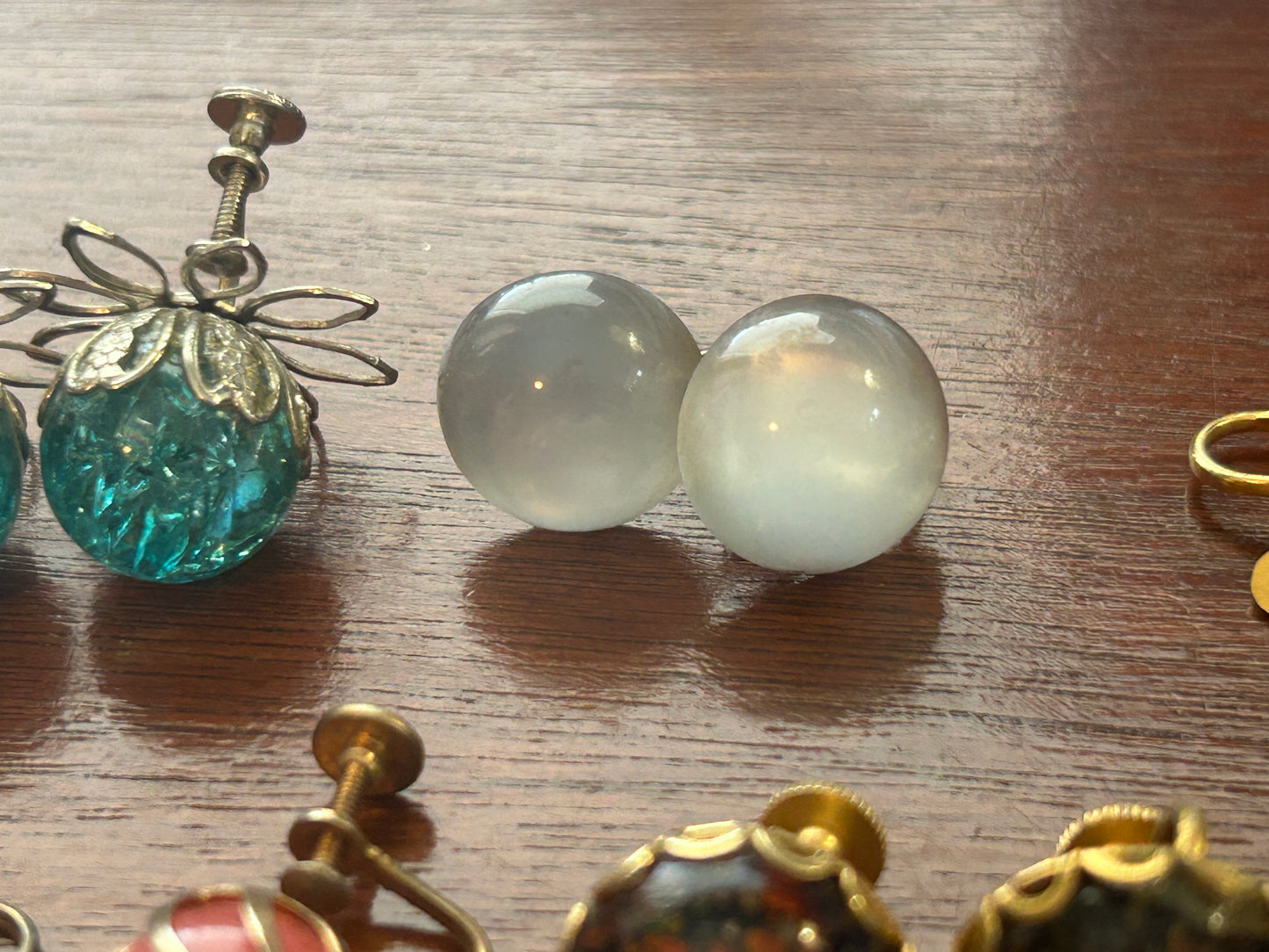 Vintage Clip On Screwback Earrings Lot Moonstone Low Cabochon Faux Opal Lucite