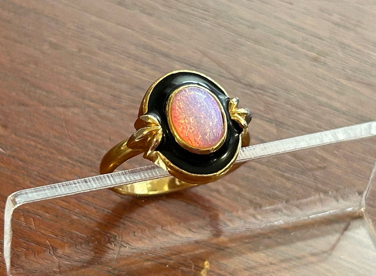 Pretty Victorian Style Faux Opal Black Enamel Ring Sz 7