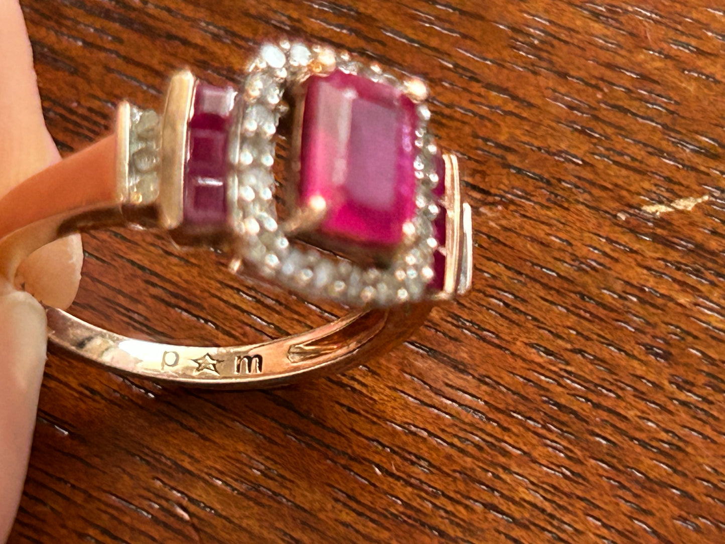 14k Rose Gold Emerald Cut Red Ruby Diamond Halo Ring Sz 4.5