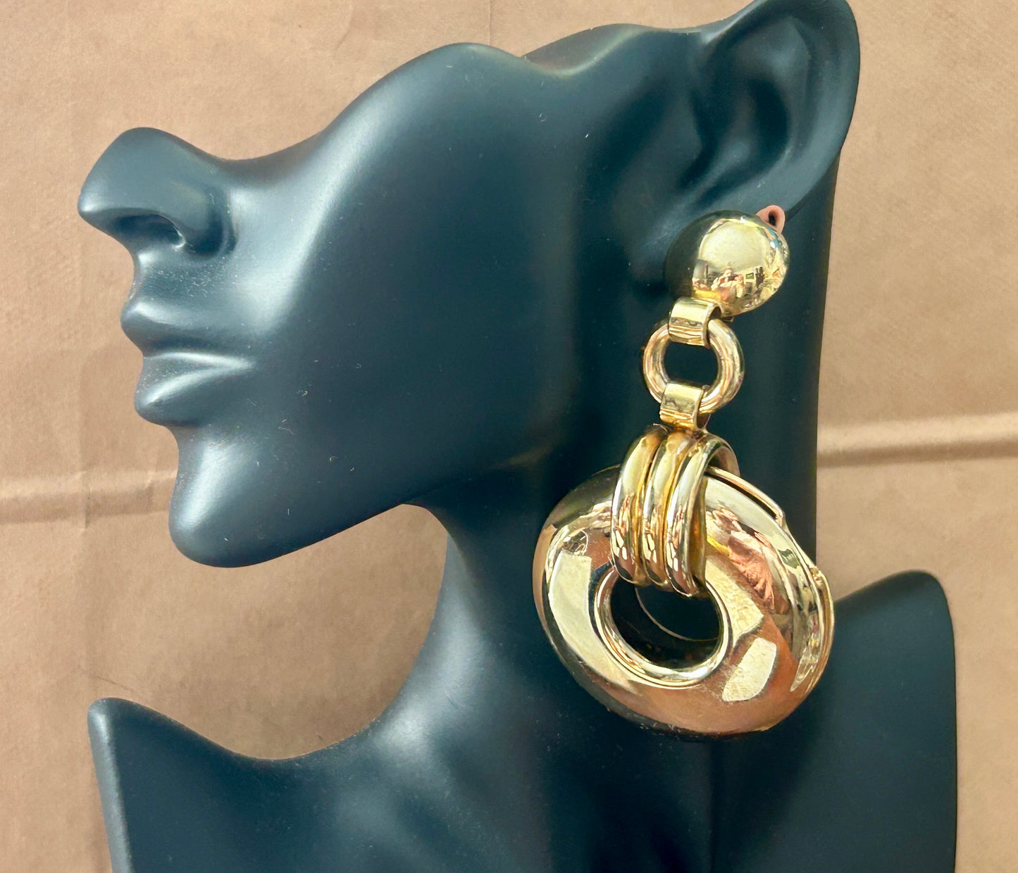 Vintage MASSIVE Gold Tone Runway Statement Mogul Clip On Doorknocker Earrings