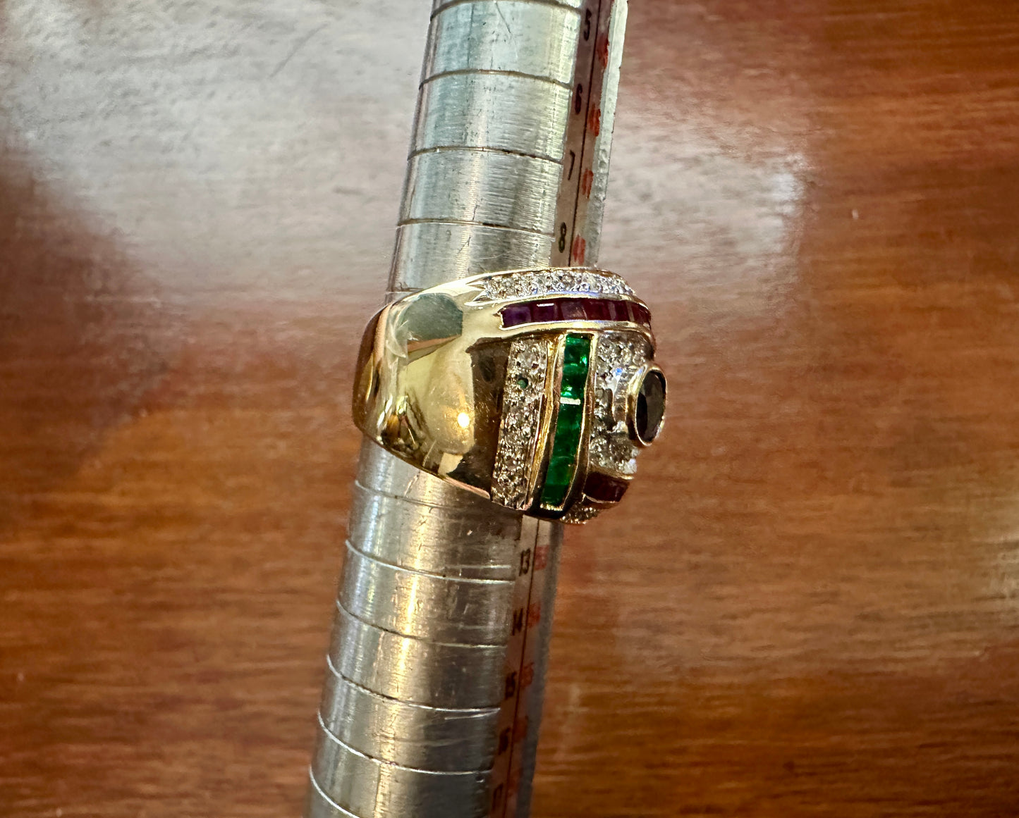 Vintage 14k Yellow Gold Sapphire Ruby Emerald Diamond Signet Ring Sz 5.25