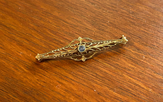 Antique 14k Yellow Gold Blue Sapphire Filigree Brooch Pin