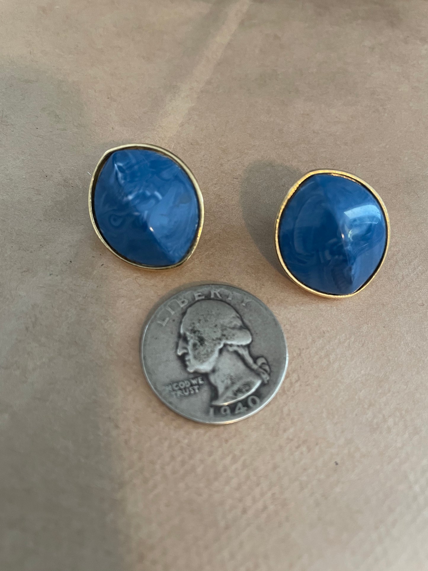 Vintage Gold Tone Blue Pierced Earrings