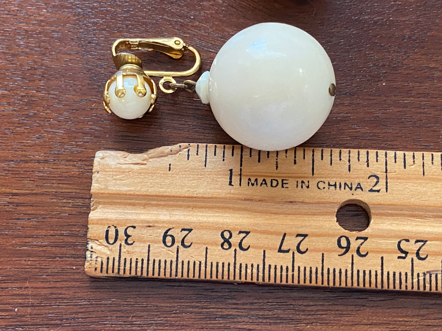 Vintage Ivory Plastic Bead Gold Tone Clip on Dangly Earrings