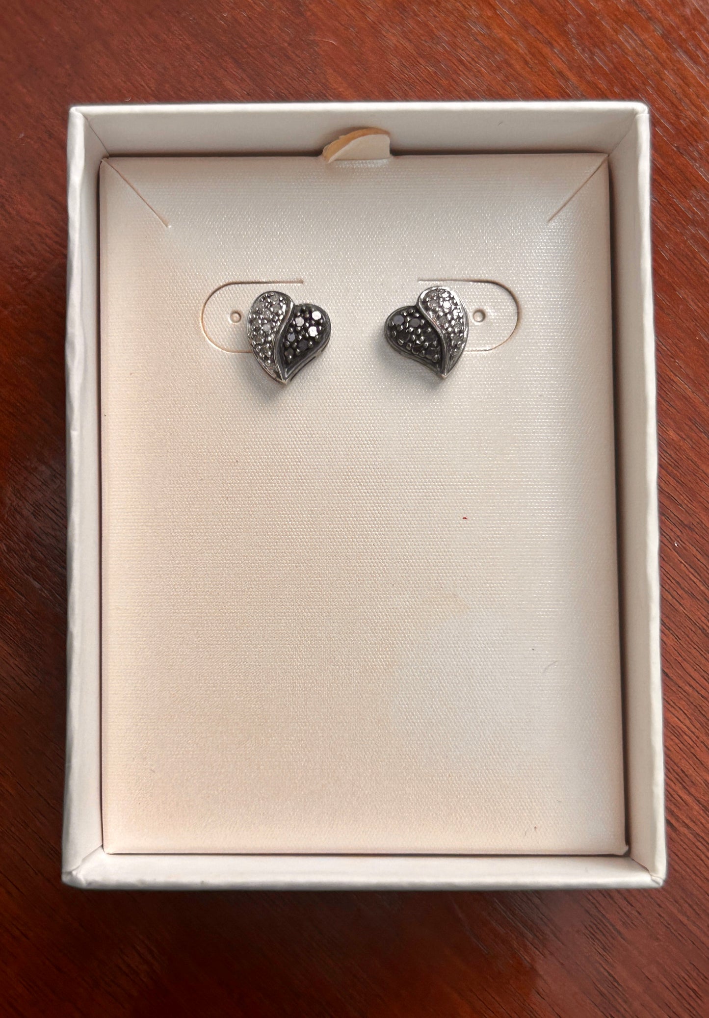 Sterling Silver 925 Black White Pave Diamond Heart Shaped Stud Earrings