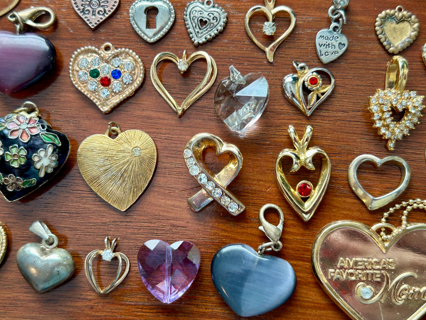 Vintage to Now Heart Shaped Pendant Charms Lot Gold Rhinestone Glass Puffy