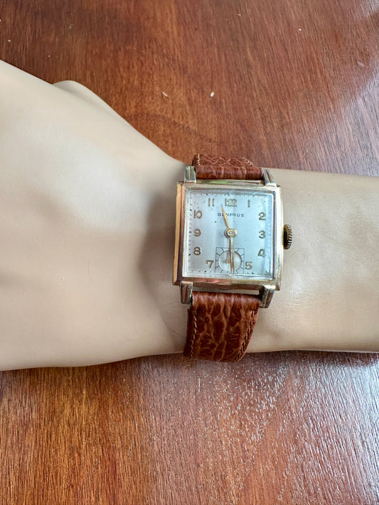 Vintage 10k Yellow Rolled Gold Benrus Manual Wind Watchwatch Watch Leather