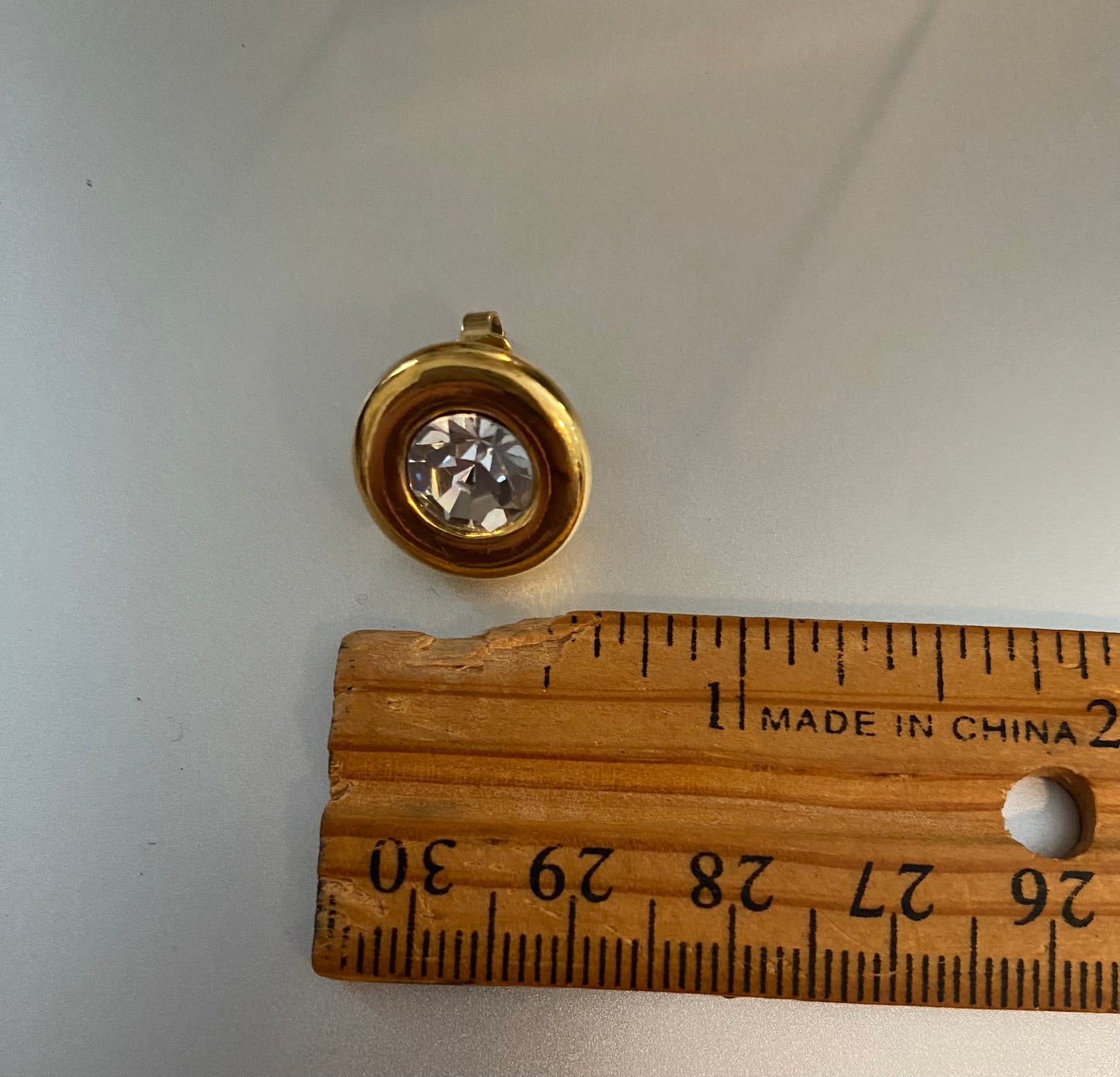 Vintage Gold Tone Large Round Stud Earrings Rhinestone Solitaire