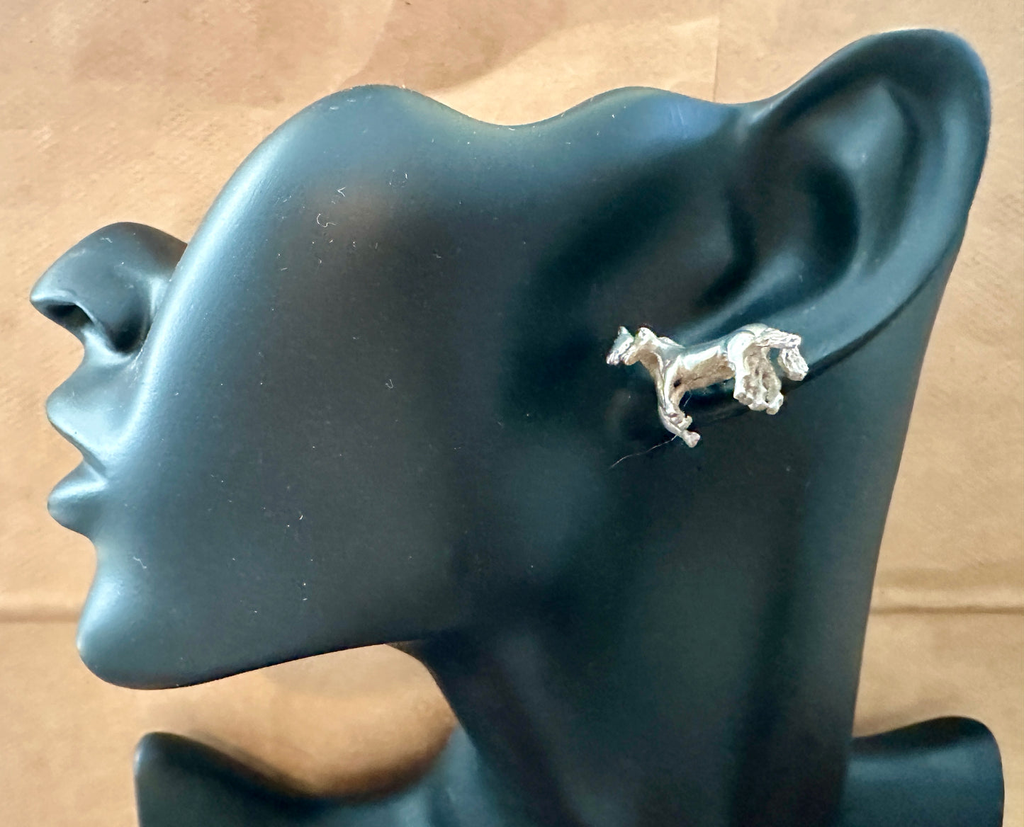 Vintage Unmarked Silver Large Horse Stud Pierced Earrings