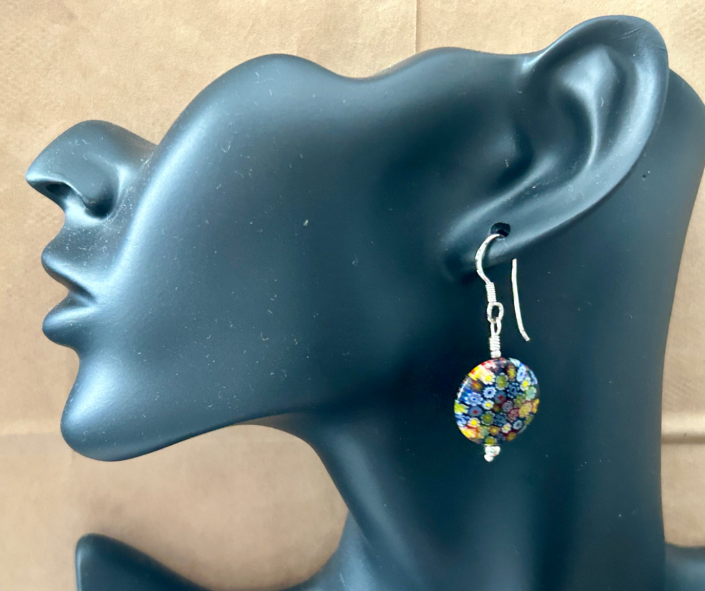 Sterling Silver 925 Glass Millefiori Dangle Drop French Wire Earrings