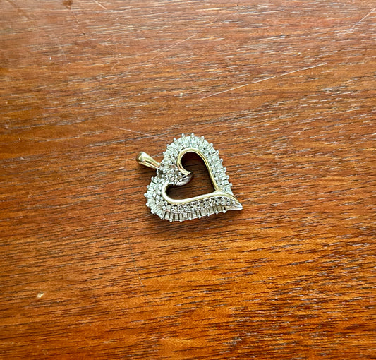 10k Yellow Gold Round Baguette Diamond Open Heart Necklace Pendant