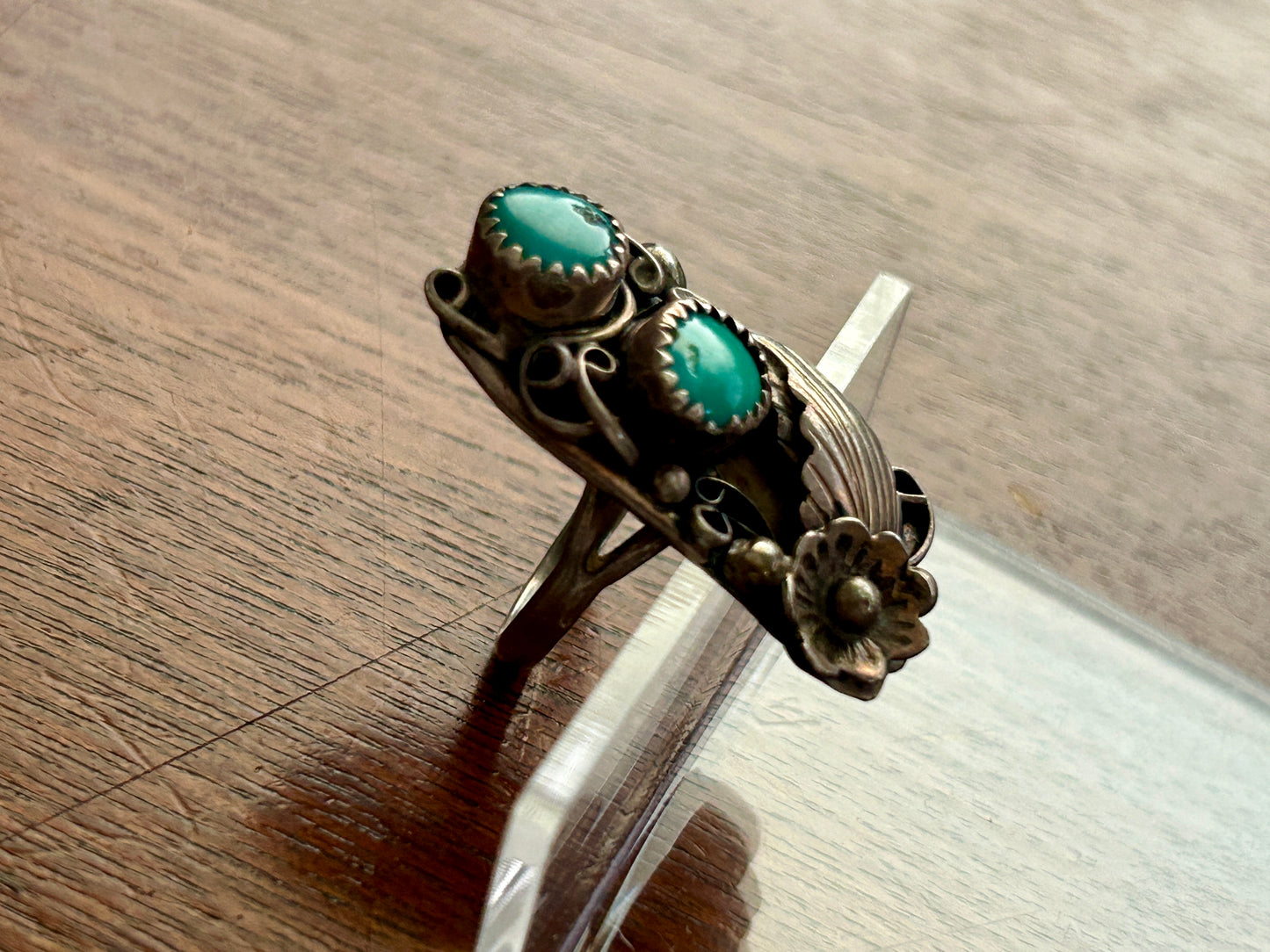 Native American Sterling Silver 925 Turquoise Ring Sz 7 Signed RHR Flower Motif